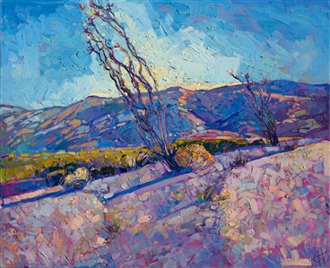 The ocotillo cacti in Joshua Tree National Park bloom with vivid red flowers in the spring, while the desert scrub becomes frosted with apple green and cadmium yellow.  The cool morning air appears fresh and alive in this painting, the brush strokes themselves seeming to capture the essence of the outdoors.