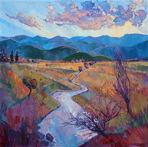 A bold brush stroke and a confident use of color brings to life these wintery plains of Montana, near Glacier National Park. This stunning landscape has inspired a new series of oil paintings during the artist's recent travels through Montana.