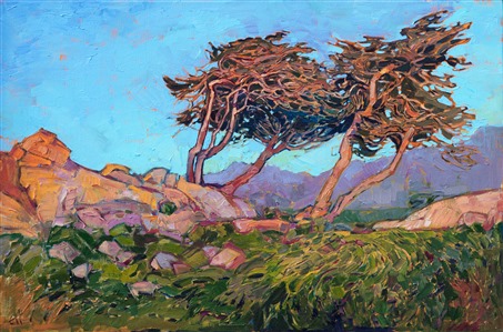 A grove of wind-sculpted cypress trees catches the early morning light in this painting of Pebble Beach, California.  The brush strokes in this painting are thick and impressionistic, capturing the motion and color of the landscape.  The dawn light in Monterey has a beautiful, warm quality, giving everything a golden, sherbet glow.

This painting was done on 1-1/2" canvas, with the painting continued around the edges for a finished look.  The painting has been framed in a hand-carved, gold floater frame.