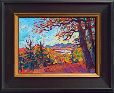 A petite canvas captures the wide landscape and vivid fall colors of the Blue Ridge Mountains in South Carolina. Blue Ridge Parkway is the most-traveled highway in the U.S., as leaf peepers from far and wide gather to see the brilliant fall foliage.

"Blue Ridge Vista" is an original oil painting on linen board. The piece arrives framed in a classic black and gold plein air frame, ready to hang.