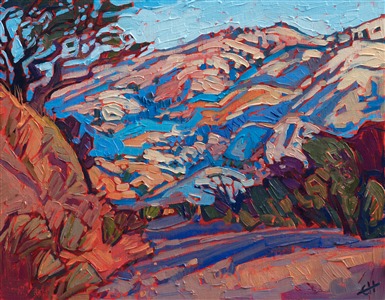 Driving through Carmel Valley is a peaceful way to escape into nature. The oak tree-dotted hills cast multi-hued shadows across the landscape, most beautiful at sunset or dawn. This painting captures the colors of California wine country with thick, impressionistic brush strokes.

This painting was created on linen board, and it arrives ready to hang in a custom-made frame.