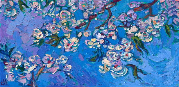 A petite canvas captures the epitome of spring: white cherry blossoms against a blue sky. The expressive brush strokes are alive with movement and texture, communicating the vivacity of spring.

"Cherry on Blue" is an original oil painting on linen board. The piece arrives framed in a mock floater frame, finished in classic black and gold. 