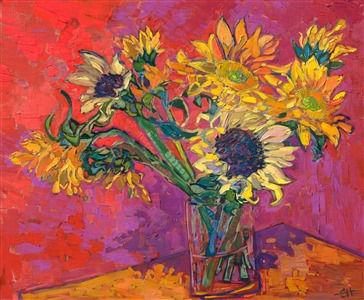 Bold hues of red and yellow capture a vase of sunflower blooms. The original oil painting was painted directly onto 24kt gold leaf, and the gold leaf catches the light and glows with subtle, warm light. The impressionistic paint strokes are thick and painterly, drawing you into the painting with compelling rhythms of texture and color.

"Blooming Gold" will be exhibited in <a href="https://www.erinhanson.com/Event/SunflowerShow">The Sunflower Show</a>, in June 2022. This painting was created on linen board, and the piece arrives framed in a custom-made, gold plein air frame.

<b>About Sunflower Paintings</b>
Sunflower paintings rank as one of the most recognizable icons of impressionism, right along with water lilies, haystacks, and starry nights. Their bright, expressive blooms can be painted while still growing in the orchards or cut in vases. Their long, layered petals are either as bright as the summer sun or drooping with expressive melancholy. Even the empty heads, with perhaps a few curled petals still clinging to the edges, are a beautiful subject to paint. Erin Hanson's collection of <a href="https://www.erinhanson.com/Portfolio?search=sunflower">sunflower paintings</a> is a celebration of impressionism, a nod to van Gogh, and a commemoration of this poignant flower.