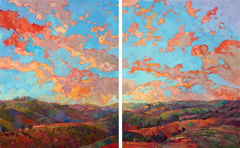 This painting captures a brilliant sunset seen from a high vantage point over the rolling hill country. The buttercream-hued clouds contrast magnificently against the cerulean sky, while thickly applied brush strokes dance across the canvas with motion and life.

The sides of the canvas are painted as a continuation of the painting, and the painting arrives framed in a gold floater frame, ready to hang.

Exhibited: <a href="http://westernmuseum.org/cowgirl-up/about//"><i>Cowgirl Up! Art from the Other Half of the West</i></a>, Desert Caballeros Western Museum, Wickenburg, AZ, 2016.
