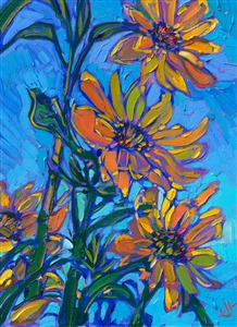Delicate blooms of sunflowers stretch into a blue summer sky, in this petite oil painting by Erin Hanson. Thick, expressive brush strokes and vibrant color make her paintings stand out in a crowd.

"Sunflower Blues III" is an original oil painting on linen board. The piece arrives framed in a black and gold "mock floater" frame, ready to hang.