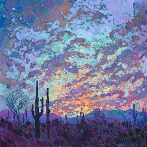 The bold color of desert dusk saturates this Arizona landscape.  The lively brush strokes create an impression of movement and light, capturing the emotional quality of seeing a beautiful sunset in person.  This painting was inspired by the landscape near Saguaro National Park, in Arizona.

This painting was created on 1-1/2" deep canvas, with the painting continued around the edges. The painting is framed in a gold floater frame with black sides. It arrives wired and ready to hang.