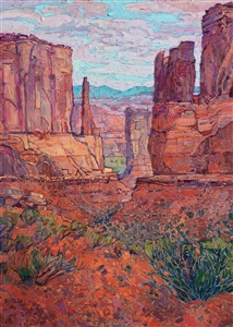 This painting captures the dramatic vista seen when you first enter Arches National Park.  Hiking down into the canyon between the red rock fins towering above on either side is a surreal experience.  The landscape is drenched in color, the red sandstone appearing in a multitude of colors ranging from soft buttercream to sherbet orange to pale lavender.

This painting was created on 1-1/2" canvas, with the painting continued around the edges.  The piece has been framed in a carved gold open impressionist frame.

This painting will be shown in the <a href="https://www.erinhanson.com/Event/redrock2018" target=_blank"><i>The Red Rock Show</i></a> at The Erin Hanson Gallery, June 16th, 2018.  <a href="https://www.erinhanson.com/Portfolio?col=The_Red_Rock_Show_2018" target="_blank"><u>Click here</u></a> to view the other Red Rock paintings.