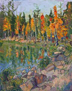 An early dawn hike through Cedar Breaks National Park led me to this secluded lake, surrounded by October aspens.  The mirror-still lake created a double of the beautiful scenery around me.  While I enjoyed some morning crackers and cheese, I enjoyed the quiet and stillness around me and contemplated how to re-capture this feeling on canvas.

This oil painting was created on gallery-depth canvas, with the painting wrapped around the edges.  This painting arrives framed in a beautiful gold floater frame, wired and ready to hang.
