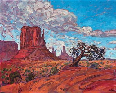 A wind-swept bristlecone pine stands guard over Monument Valley, home to some of the most striking rock formations in the Southwest. The multi-colored red earth is a dramatic contrast against the summer blue sky. The brush strokes in this painting are loose and impressionistic, creating a mosaic of color and texture across the canvas.
