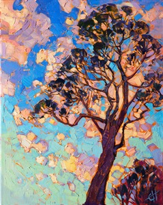 This California eucalyptus stands before a breaking dawn sky, its branches forming abstract shapes across the brightening sky. The brush strokes are thick and lively, full of motion and energy.  This contemporary impressionist style is known as Open Impressionism.

This painting was created on gallery-depth canvas, with the painting continued around the sides of the canvas. 