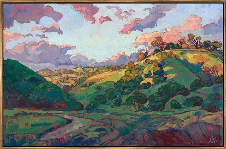 The rolling hills of eastern Paso Robles glow with pale greens and buttery yellow in the early morning light. The oak trees speckle the sides of the hills, and the winding road draws you into the picture. The brush strokes are thick and expressive, capturing the movement and transient light of the scene.