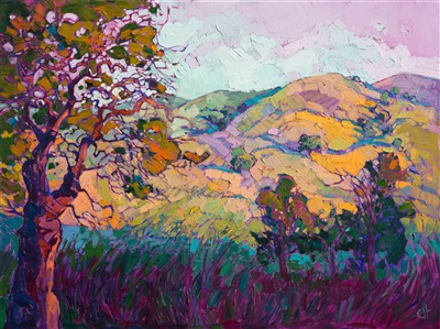 Jewel-toned shadows cast scintillating shades across the rolling hills of Paso Robles wine country.  The natural curves of the landscape provide perfect hideaways for the California oaks.  The brush strokes in the painting come alive with texture and vibrant color, creating a mosaic of light and shadow across the canvas.

This painting was created on gallery-depth canvas, with the painting continued around the edges. This painting does not require framing and arrives ready to hang.

Exhibited: "Impressions in Oil", Studios on the Park. Paso Robles, CA. 2015