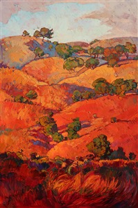 This California impressionist painting captures the warm colors of Paso Robles wine country, the layers upon layers of rounded hills dotted with oaks and low trees. The brush strokes in this painting are bold and loose, creating an interlacing mosaic of color and texture.