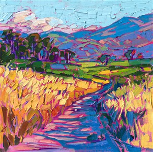 California is beautiful during all four seasons. The sun-drenched landscape varies from burnt-yellow to apple-green, and then from ultramarine blue to royal purple into the distance. Thick brush strokes add a mosaic of texture across the canvas.

"California Colors" was created on linen board. The painting arrives framed in a classic plein air frame, ready to hang.