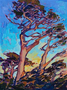 A petite painting of Monterey cypress trees, this painting glows with color and light. The curving, abstract branches of the cypress catch and reflect back the warm evening light of the sun.

This painting was done on linen board, and it will be framed in a gold plein air frame.