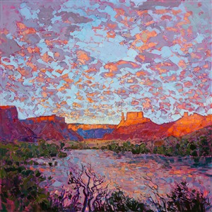 Following the Colorado River north of Moab and Arches National Park, early one morning in January, I discovered this beautiful vista of ragged buttes and red rock plateaus that caught the brilliant orange of a winter sunrise.  The Colorado River was wide and smooth, reflecting all the ambient color. This painting captures the joyful beauty that I love to paint, that which brings me back to Utah time and time again to find a new subject to capture.

This painting has been framed in hand-carved, gold leaf floater frame. 

Exhibited <a href="https://www.erinhanson.com/Event/ErinHansonTheOrangeShow"><i>The Orange Show</i></a>, The Erin Hanson Gallery, Los Angeles, CA. 2016.

This painting is available from The Medicine Man Gallery, in Tuscon.  You can visit their <a href="http://www.medicinemangallery.com/collection/Contemporary/c/Hanson,-Erin" target="_blank"> website here.</a>
