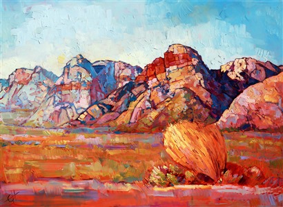 This familiar scene of Rainbow Mountains from the 13-mile loop road of Red Rock Canyon always brings happy memories of rock climbing to the artist's mind. The flat desert floor ends abruptly in towering sandstone cliffs, the shadows cool and blue, keeping cool even during the hot summer months. This painting brings to life the beauty and emotion of seeing Rainbow Mountains for the first time.