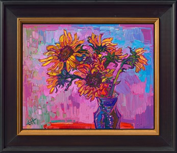 A petite canvas captures the beautiful and classic colors of the cultivated sunflower. The brush strokes are loose and expressive, alive with vivacity and color.