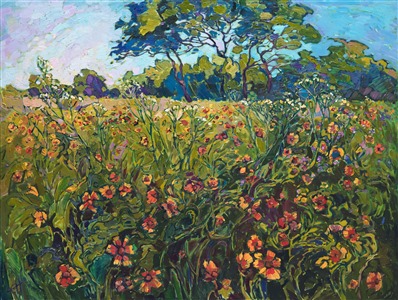 Yellow and orange firewheels spin with color in this painting of Texas hill country.  The colorful wildflowers stand out bright against the spring green grass.  Each impressionistic brush stroke creates a sense of movement within the painting.

This painting was created on 1-1/2" deep canvas, with the painting continued around the edges.  The painting arrives framed in a carved floater frame designed for the painting.

This painting will be displayed at <a href="https://www.erinhanson.com/event/californiasuperbloomartexhibition">The Super Bloom Show</a>, September 9th, at The Erin Hanson Gallery in San Diego.  If you purchase this painting before the show, your piece will be shipped to you after September 9th.