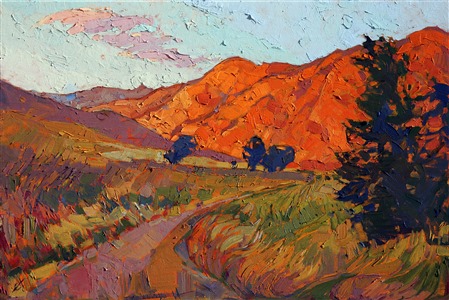 Mandarin-orange light is reflected off these layers of hills, a bold contrast against the smaller oaks and fir trees. This idyllic country painting captures one of those fleeting moments of peaceful beauty that lasts only a minute during a beautiful sunset. Thick brush strokes of oil paint create a mosaic of color and texture within the painting.
