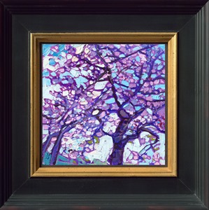 I discovered many blooming cherry trees in the Willamette Valley this spring. This painting captures their beautiful lavender blossoms against a baby blue sky.

"Cherry Blossoms" is a petite oil painting, 6 x 6 inches. The painting was created on linen board and it arrives in a black and gold mock floater frame, as pictured above.
