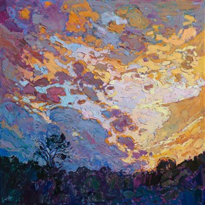 A dramatic sky over the rolling hill country near Fredericksburg, TX, creates a dramatic interplay of light and dark.  The thick, impasto brush strokes are lush with texture and movement.  Subtle color changes dance in and out of the striking cloud formations.

This painting was done on 1-1/2" deep canvas, with the painting continued around the edges. Please contact us for framing options, or the piece may be hung on the wall unframed.