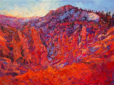 After the first snowfall of November, Bryce Canyon looked spectacular in the early morning dawn.  The sunlight quickly spread down the canyon walls and the day began to defrost after the sub-freezing early dawn.  The day was spent hiking 14 miles through Bryce Canyon, exploring the twists and turns of the trails and the beautiful autumn vistas.

This painting was created on gallery-depth canvas, with the painting continued around the edges.  The painting has been framed in a beautiful hardwood floater frame and arrives ready to hang.

Exhibited: St George Art Museum, Utah, in a solo exhibition celebrating the National Park's centennial: <i><a href="https://www.erinhanson.com/Event/ErinHansonMuseumShow2016" target="_blank">Erin Hanson's Painted Parks</a></i>, 2016.