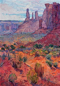 Monument Valley, located at the Four Corners region on the Colorado Plateau, is one of the most dramatic national monuments in the Southwest. The striking red rock buttes and spires loom up from the desert floor, made of seeming fragile sandstone, and yet withstanding the eons. This scene from Monument Valley is captured in thick, impressionistic brush strokes, in Hanson's signature Open Impressionism style.

This painting was created on 1-1/2" canvas, with the painting continued around the edges of the canvas. The piece has been framed in a gold floater frame and arrives ready to hang.