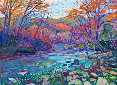 The Blue Ridge Mountains, South Carolina's Appalachian range, are filled with classic autumn color and old-world charm. This painting captures a winding stream in Price Park and the gently-rounded mountains of the Appalachians.