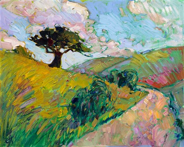 Spring greens and baby blues come together in this magical painting of rolling hills and winding roads in Paso Robles, California.  The brush strokes convey a sense of motion with their loose and impasto style.

This painting was done on 3/4"-deep stretched canvas.  It has been framed in a classic plein air frame and arrives wired and ready to hang.
