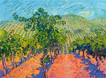 Adelaida vineyards has inspired many paintings by Erin Hanson. Adelaida boasts several factors that make them special: they have the highest point between the coastal range and Paso Robles, letting them see far over any other vineyard, they have the oldest Pino vines, AND they have over a dozen Erin Hanson pieces of artwork hanging in their tasting room.

<b>Please note:</b> This painting will be hanging in a museum exhibition until November 5th, 2023. This piece is included in the show Erin Hanson: Color on the Vine at the Bone Creek Museum of Agrarian Art in Nebraska. You may purchase the painting now, but you will not receive the painting until after the show ends in November 2023.

"Adelaida Vines" is an original oil painting on stretched canvas. The piece arrives framed in a gold floater frame, ready to hang!