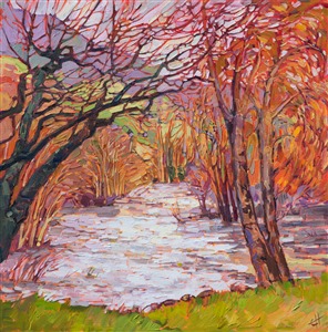 After the recent rains on the west coasts, streams that used to be trickling are now gushing with a wealth of water. This painting captures an orchard valley in southern Oregon with vivid color and thick brush strokes.