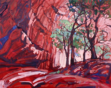Red sandstone is the perfect color contrast for summer cottonwoods in Canyon de Chelly, Arizona. The brush strokes in this painting are thick and impressionistic. Erin fell in love with the pastel-aqua greens against the desert canyon walls, and this painting inspired a series of four "Cottonwoods at Chelly" oil paintings.