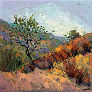 Jewel tones of autumn come alive in this landscape of Paso Robles, California. The saturated hills and copper grasses are portrayed in thickly applied brush strokes, creating an impasto mosaic of color and texture.

This painting was created on gallery-depth canvas, with the painting continued around the edges. This painting does not require framing and arrives ready to hang.

Exhibited: "Impressions in Oil", Studios on the Park. Paso Robles, CA. 2015