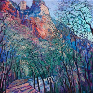 Wintry cottonwoods cover this snow-bounded pathway in Zion National Park. The tall trunks reach high into the sky, creating abstract mosaic patterns of color between their branches.  The brush strokes in this painting are loose and impressionistic, a modern mosaic of color and texture.

This painting was created on gallery-depth canvas with the painting continued around the edges. The painting will arrive in a beautiful hardwood floater frame, ready to hang.