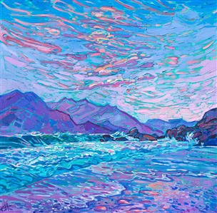 Alchemist of Color Erin Hanson paints the northern California coastline near the Golden Gate Bridge in a limited palette of ultramarine violet, phthalo blue, and magenta. Thick brush strokes capture the impressions of movement and light glittering off the changing waves.

"Coastal in Purple" is an original oil painting on stretched canvas, framed in a gold floating frame. The piece will be displayed at Erin Hanson's solo museum show <i><a href="https://www.erinhanson.com/Event/AlchemistofColor" target="_blank">Erin Hanson: Alchemist of Color</i></a> at the Channel Islands Maritime Museum in Oxnard, California. You may purchase this painting now, but the piece will not be delivered until after the show ends on December 28th, 2023.