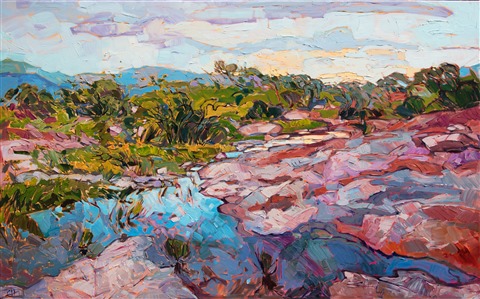 The Texas hill country near Fredericksburg is one of the most paintable regions in Texas.  I love the rocky outcroppings and low oaks and mesquite trees growing alongside the many streams.  At sunset the colors become more saturated and rich, as I captured in this painting.  The brush strokes are loose and impressionistic, alive with motion and texture.

This painting was done on 1-1/2" deep canvas, with the painting continued around the edges for a finished look.