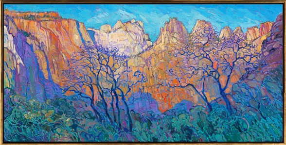 The Patriarchs at Zion are most beautiful at sunrise, when the warm light of dawn illuminates the pops of cadmium hues and soft white rock of the steep cliffs. This painting was inspired by a dawn hike along the Pa'rus Trail in Zion National Park. Impasto brush strokes of oil paint and loose, painterly brush strokes capture the vivid colors and motion of this national park.

<b>Note:
"Patriarchs at Zion" is available for pre-purchase and will be included in the <i><a href="https://www.erinhanson.com/Event/SearsArtMuseum" target="_blank">Erin Hanson: Landscapes of the West</a> </i>solo museum exhibition at the Sears Art Museum in St. George, Utah. This museum exhibition, located at the gateway to Zion National Park, will showcase Erin Hanson's largest collection of Western landscape paintings, including paintings of Zion, Bryce, Arches, Cedar Breaks, Arizona, and other Western inspirations. The show will be displayed from June 7 to August 23, 2024.

You may purchase this painting online, but the artwork will not ship after the exhibition closes on August 23, 2024.</b>
<p>