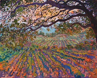 Rows of vineyards form bands of color, beneath the oak tree, the far mountains blue in the distance. The brush strokes in this painting are loose and impressionistic, alive with color and motion, capturing the feeling of Napa Valley wine country.

This painting was created on 1-1/2" canvas, with the painting continued around the edges of the gallery-depth canvas. The piece will be framed in a custom gold floater frame.