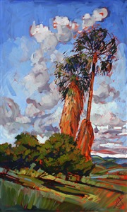 Loose, thickly applied oil painting strokes capture the wind blowing through these palm trees near San Diego, California.