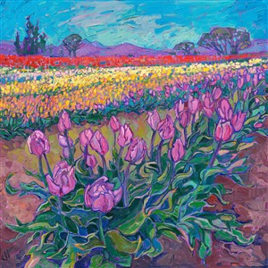The tulip fields in Oregon's Willamette Valley are bold and beautiful, with layers of vibrant color stretching in all directions. This painting captures the beautiful scene with loose, impressionistic brush strokes.