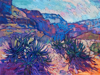 Backpacking down into the Grand Canyon produced an overwhelming amount of inspiration for me as an artist... it was hard to know what to paint first when I got back to my studio.  This is one of the first pieces I have created from that trip.  I love the way the yucca gathered at the edge of the plateau, with the distant layers of cliffs growing blue into the distance, a beautiful contrast against the warm white sand.

This painting was done on canvas-wrapped board, and it will arrived framed and ready to hang.