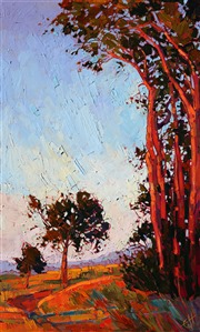 Rich warm hues of sundown bathe the summer eucalyptus trees of Paso Robles, California. The brush strokes, thick and impressionistic, fit together like stained glass, filling the canvas with life and movement.