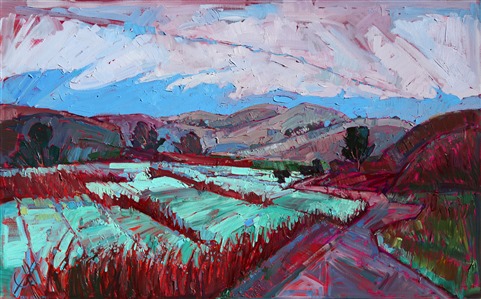 This painting is in the permanent collection of The Bone Creek Museum of Agrarian Art, in David City, Nebraska.

Thick brush strokes capture the movement and feel of Paso Robles, California. The fields have a frosty, sea-green color in the first morning light.
