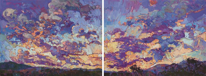 A dramatic sky explodes with color in this contemporary impressionist oil painting.  Each brush stroke plays a part in the joy and motion of the skyscape.  The colors are vibrant and pure, mixed from a limited palette of only four colors.  

This diptych was created on two 36x48 canvases, each a gallery-depth canvas with the painting continued around the sides of the canvas.  This piece is designed to hang without framing, although the two pieces could be hung together or separately, framed or unframed.

