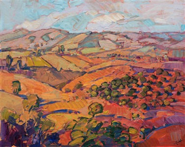 This painting was inspired by the view standing on top of the highest hill in the vicinity around Adelaida Winery.  From this viewpoint you can see all the way to the east side of Paso Robles, and to the west you can see the full range of coastal mountains holding back the chilly ocean air. 

This painting was done on linen board, and it arrives framed and ready to hang.