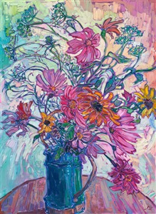 A tin can full of garden blooms brightens the room with the colors of summer. Zinneas, cosmos, sunflowers, and parsley flowers dance in a rhythm of color, captured with the textured brush strokes of Hanson's iconic Open Impressionism.

"Garden Blooms II" is an original oil painting created on stretched canvas. The piece arrives framed in a custom-made wooden floater frame finished in burnshed 23kt gold and dark pebbled sides.