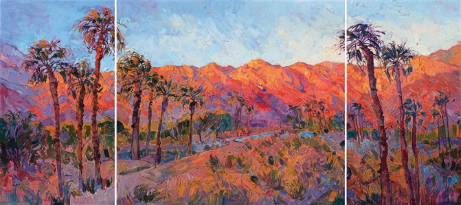 This stunning triptych painting was created on three deep canvases, with the painting continued around the wrapped edges, for a unique modern look.  Bring the saturated color and dawn beauty of California's desert into your home, capturing this fleeting moment of transient aesthetic.  The thick brush strokes of oil paint stand off the canvas with spontaneous energy and motion, causing the painting to come alive.

This painting was created on three museum-depth canvases, with the painting continued around the edges of each stretched canvas. This painting was designed to hang without a frame.