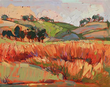 Warm, inviting colors of Oregon's wine country tease the mind and invite you to go tramping through the long summer grasses and over the gently rolling hills. Each brush stroke is intense and significant, creating a moving mosaic of color and texture.