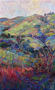 Paso Robles wine country is beautiful in spring, when the golden grasses are suddenly replaced with bright green new growth. The layers of rounded hills stretch into the sky, covered in perfect rounded oak trees. This painting captures the idyllic nature of central California's wine country.

This painting was created on gallery depth canvas, with the painting continued around the edges of the stretched canvas. It arrives ready to hang without a frame needed.